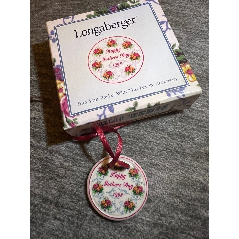 Longaberger Pottery 1998 Happy Mothers Day Basket Tie-On Floral Ceramic Charm